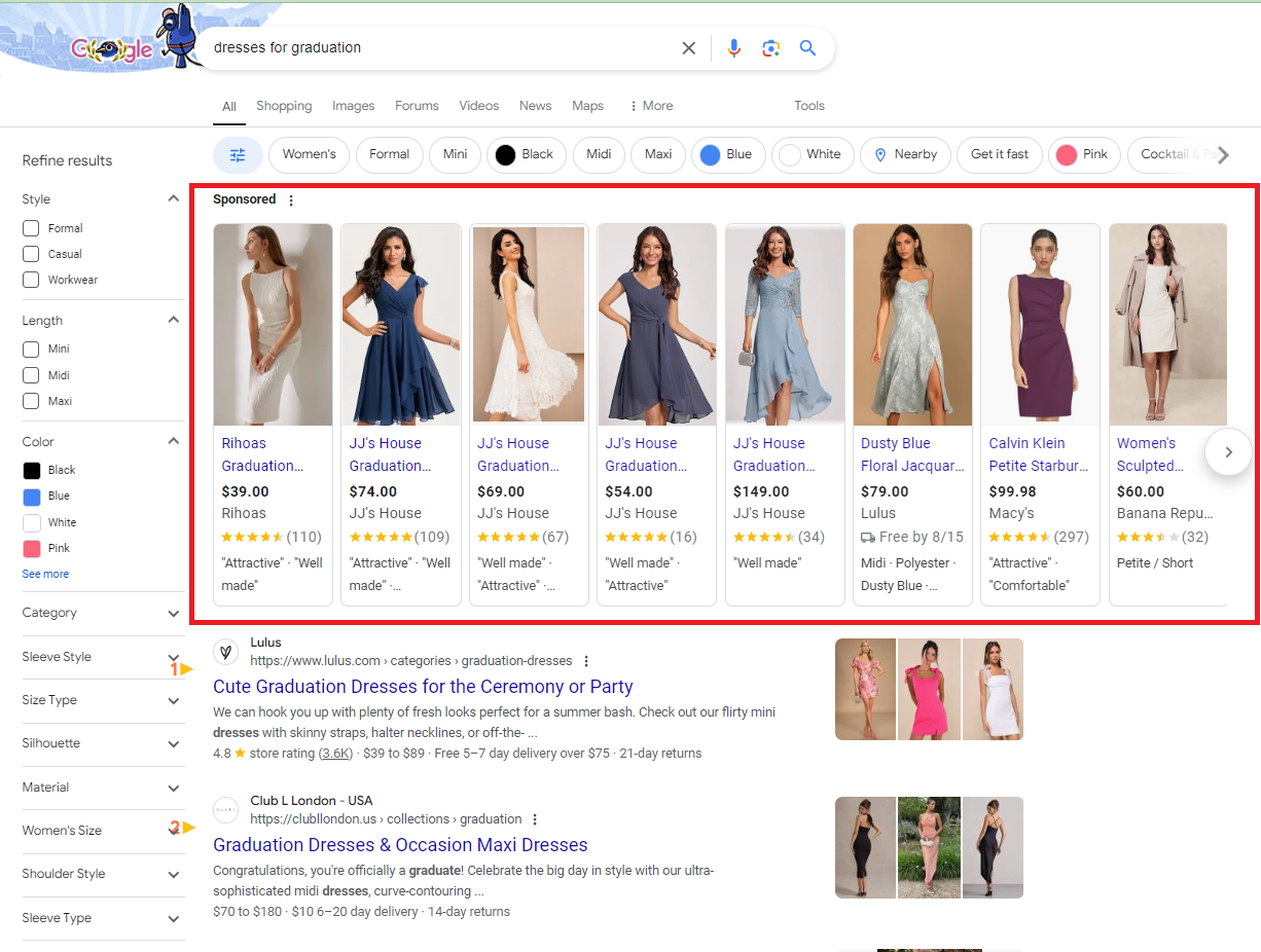 google ads example of shopping search results