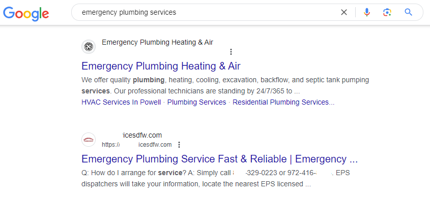 Plumbing Example of How Your Website will display in Google SERP