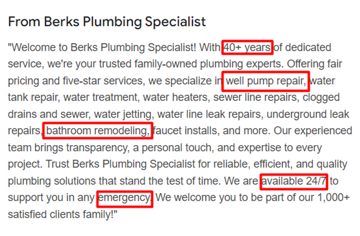 Plumbing optimising google business description