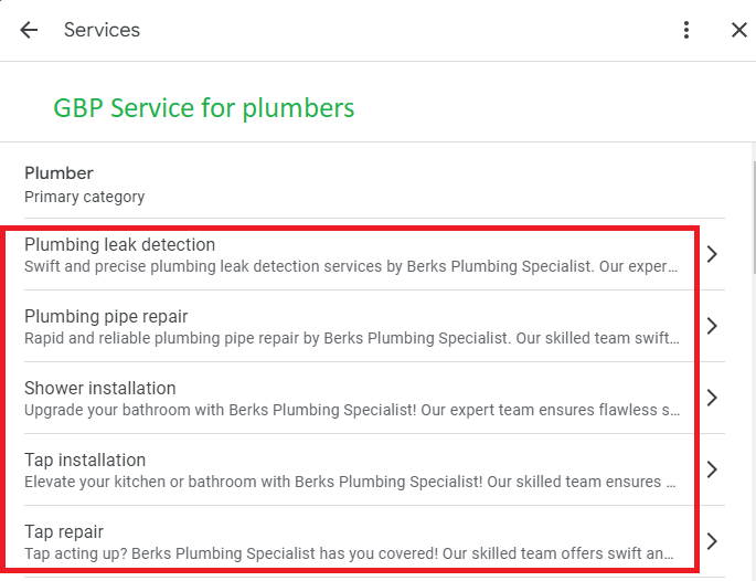 plumbing google business categories